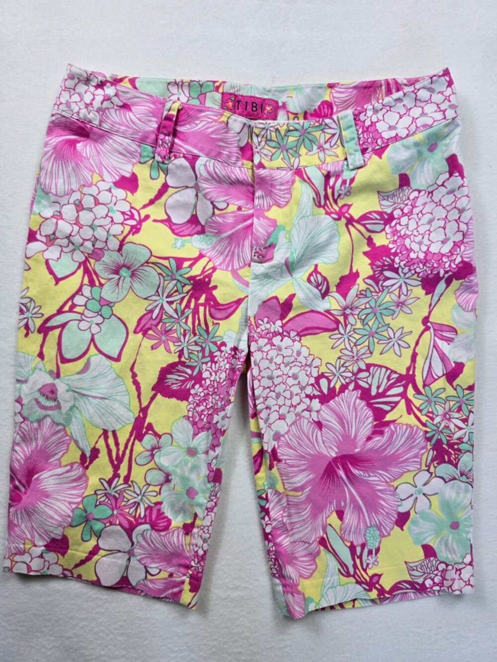 Tibi Womens Floral Print Bermuda Shorts Size 10 Yellow & Pink Cotton Blend